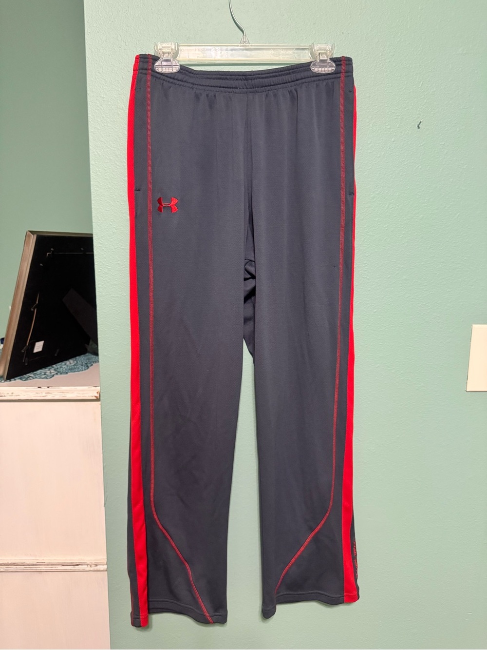 Under Armour Gray Track Pants with Red Side Stripes